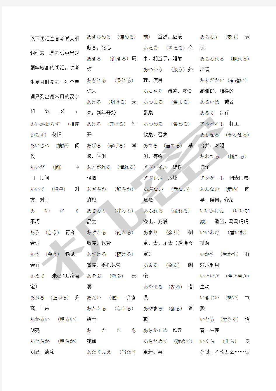 成人考试学士学位日语考试大纲词汇表