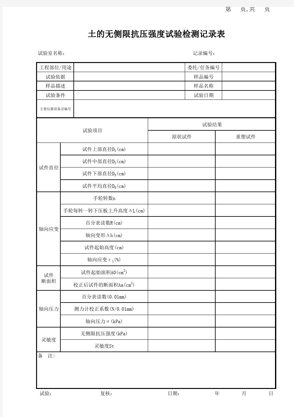 土的无侧限抗压强度试验检测记录表