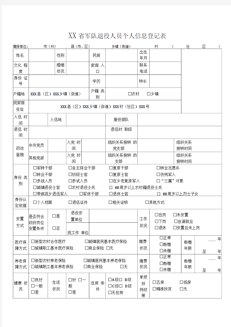 军队退役人员个人信息登记表