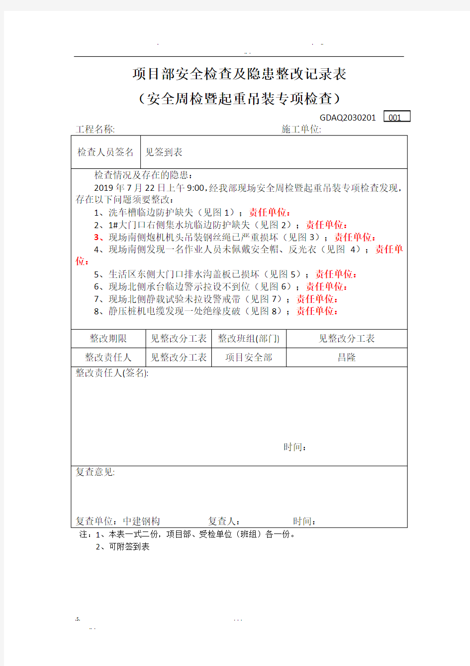 项目部安全检查及隐患整改记录表