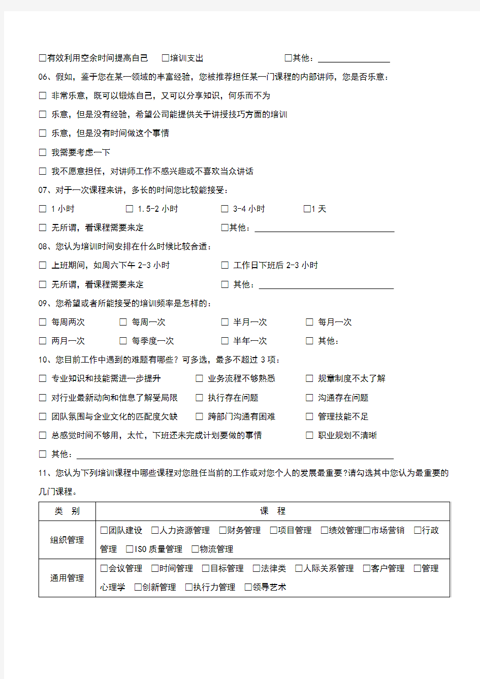 2017年度培训需求调查问卷