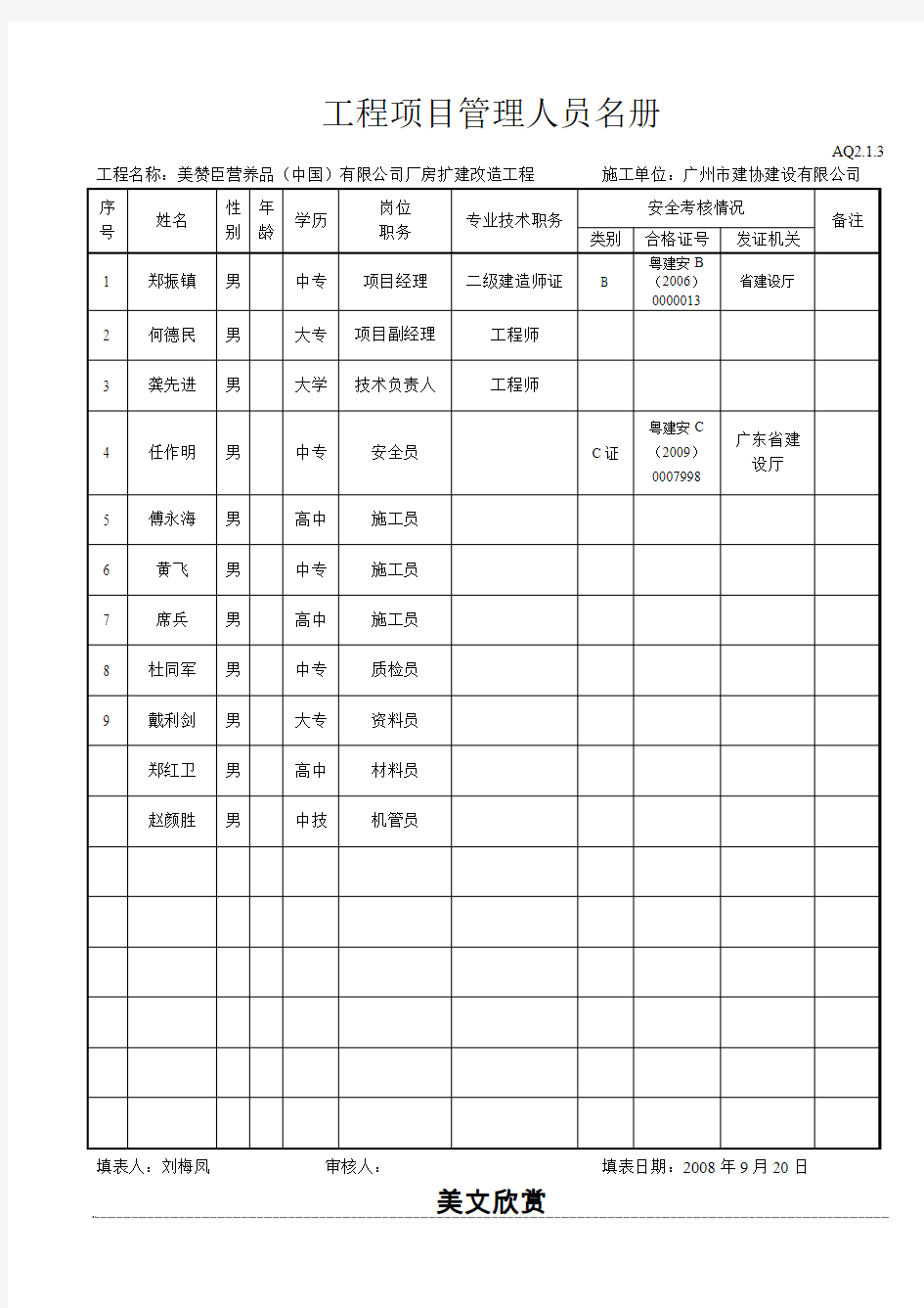 工程项目管理人员名册