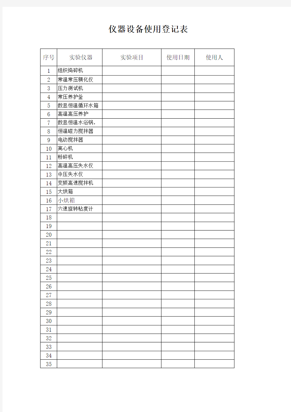 实验室仪器设备使用登记表