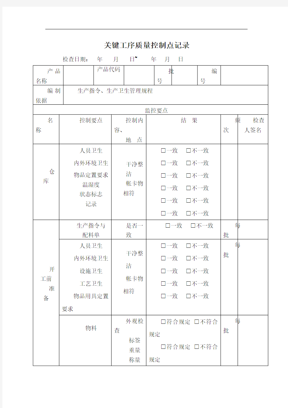 关键工序质量控制点记录