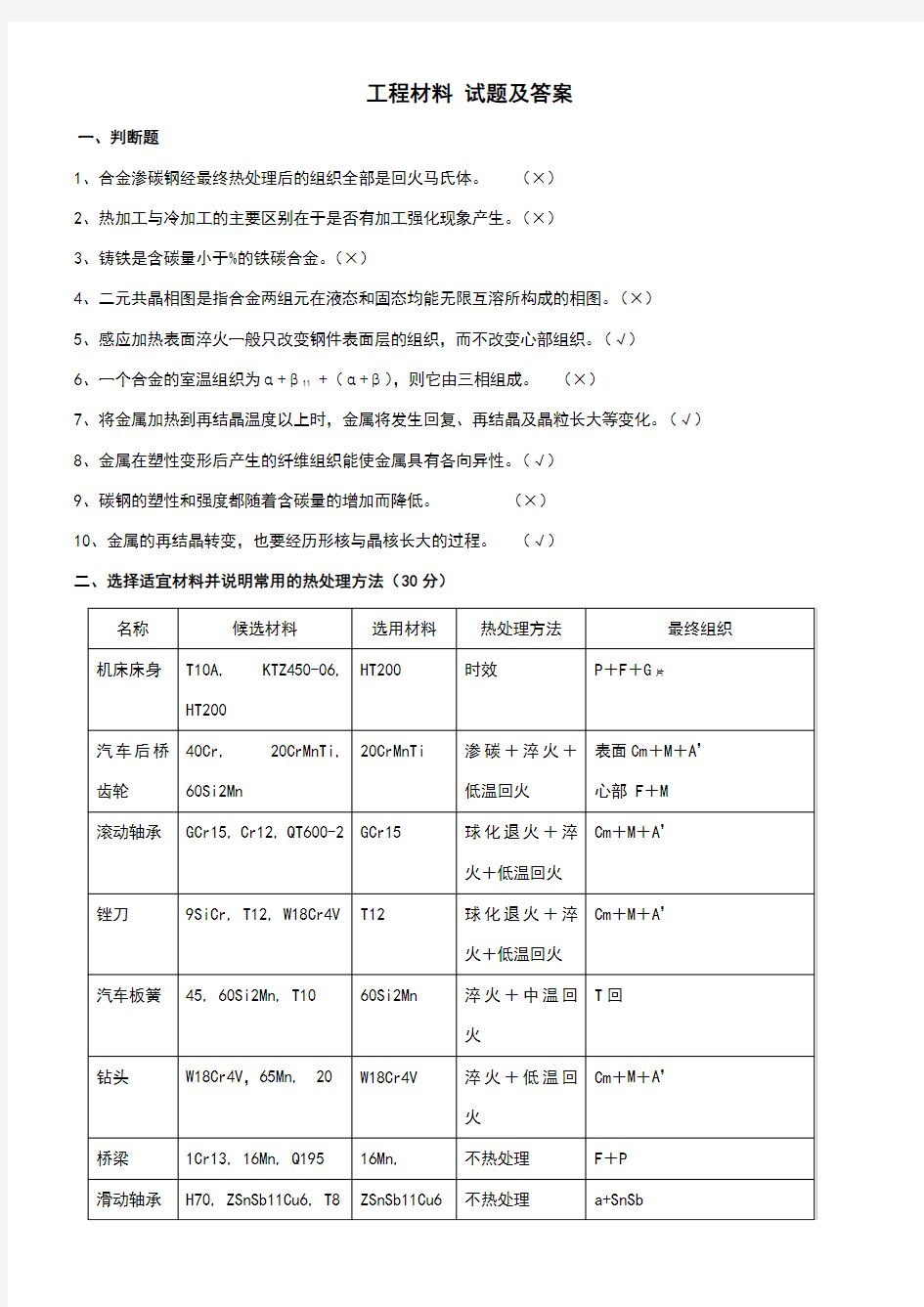 工程材料试题及答案合集整理