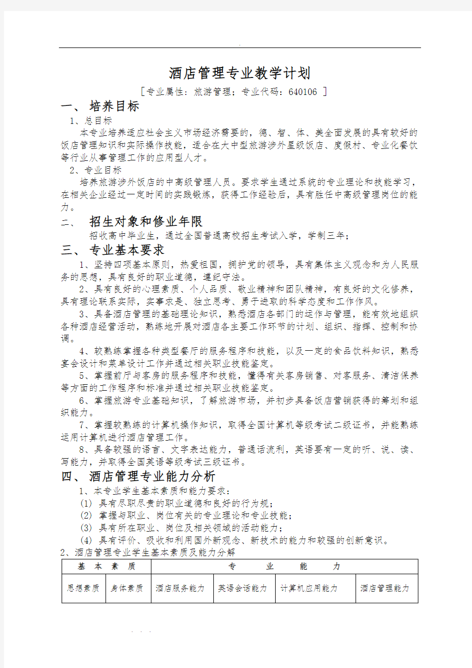 酒店管理专业教学计划