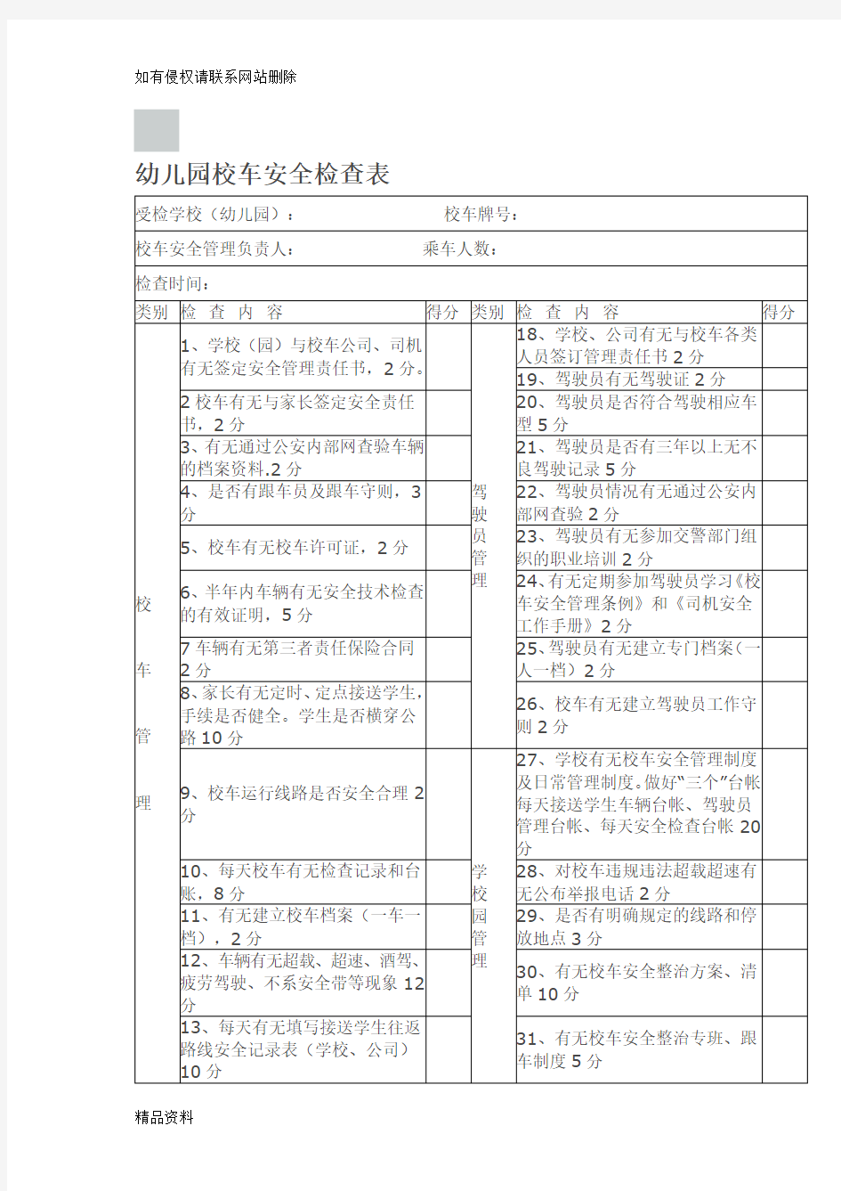 幼儿园校车安全检查表教学文案