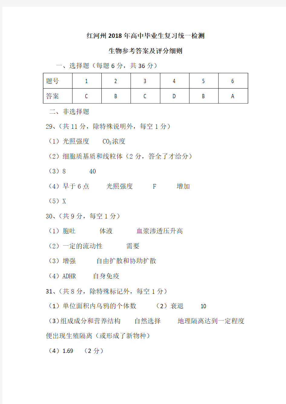 2018年州统测(生物)参考答案和评分细则