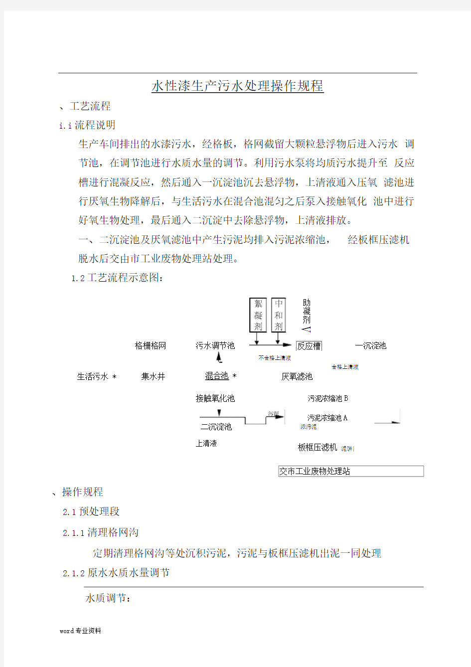 水性漆生产污水处理操作规程