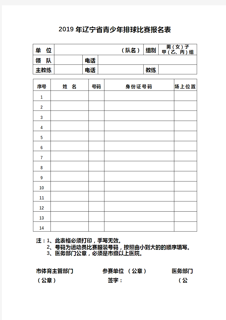 2019年辽宁省青少年排球比赛报名表【模板】