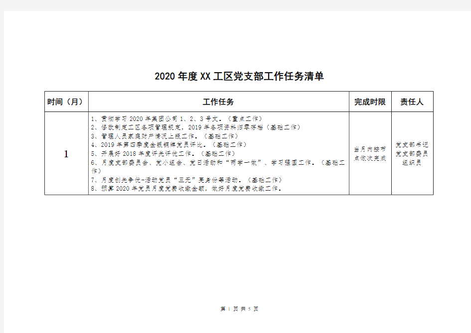 2020年度xx工区党支部工作任务清单