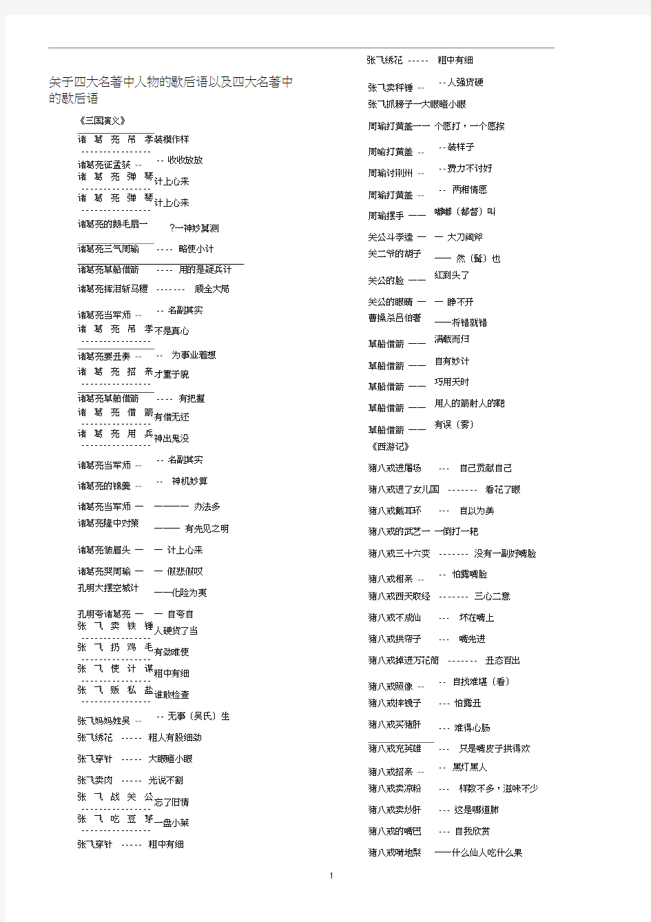 关于四大名著中人物的歇后语以及四大名著中的歇后语