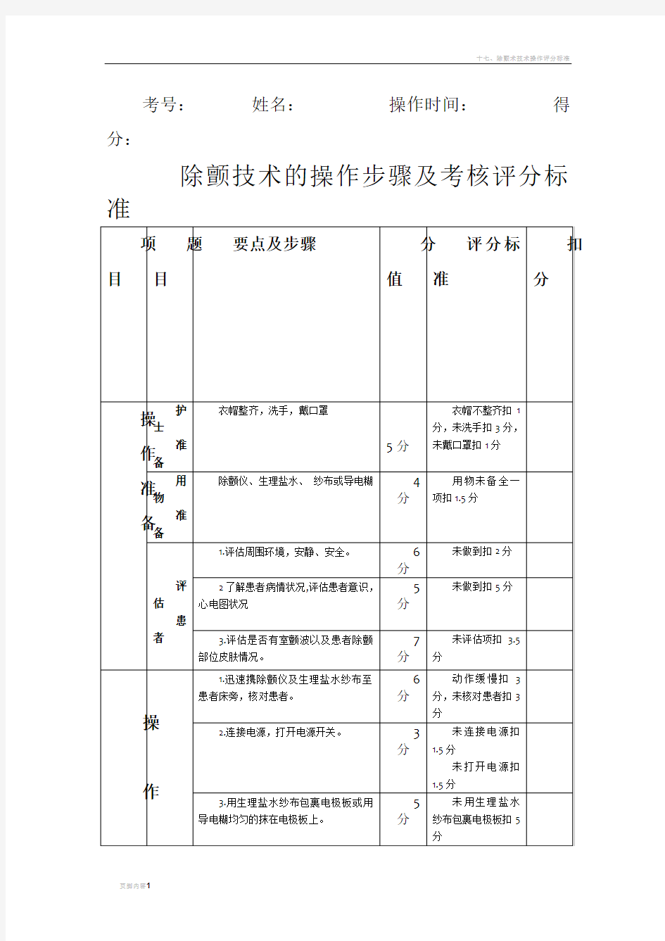 电除颤操作步骤及考核评分标准