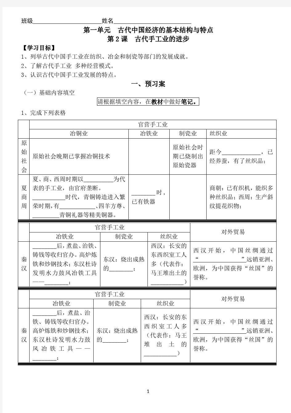 人教版历史必修二第一单元第二课学案