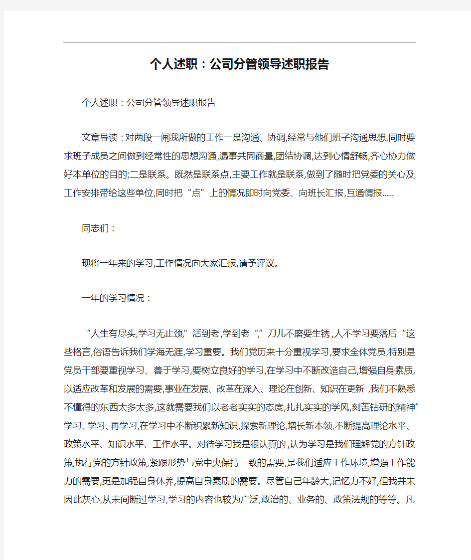 个人述职：公司分管领导述职报告