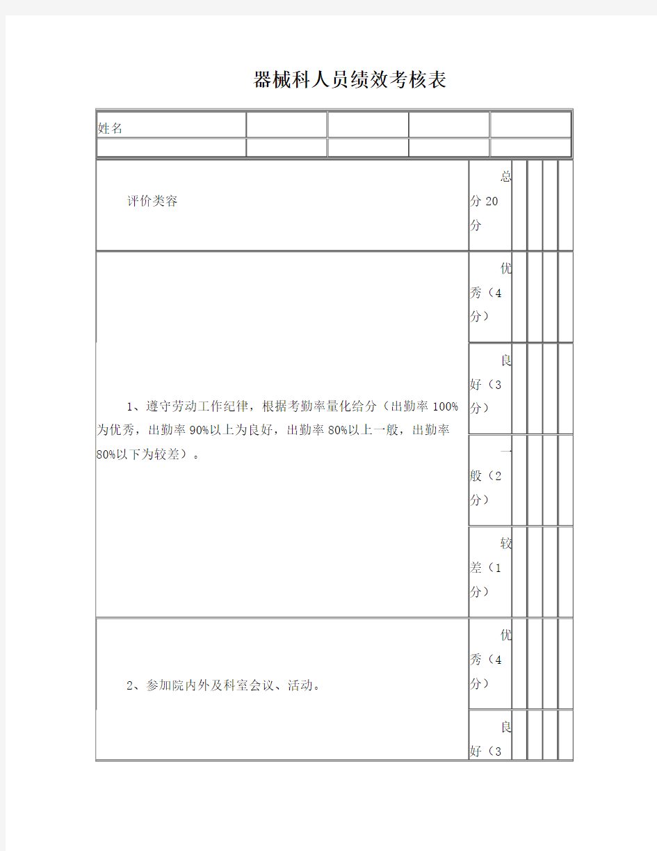 器械科人员绩效考核表