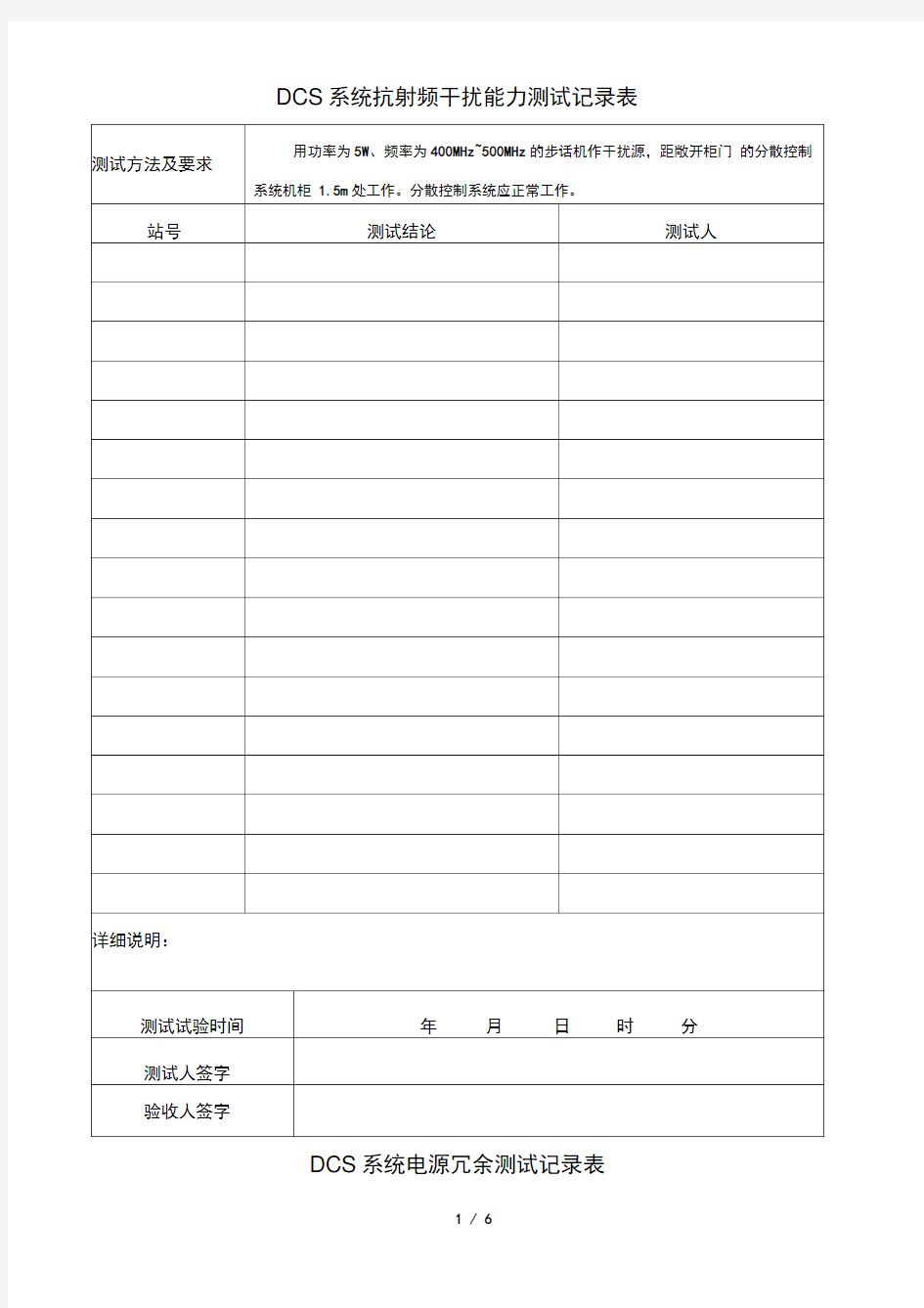 最新DCS系统测试记录表格