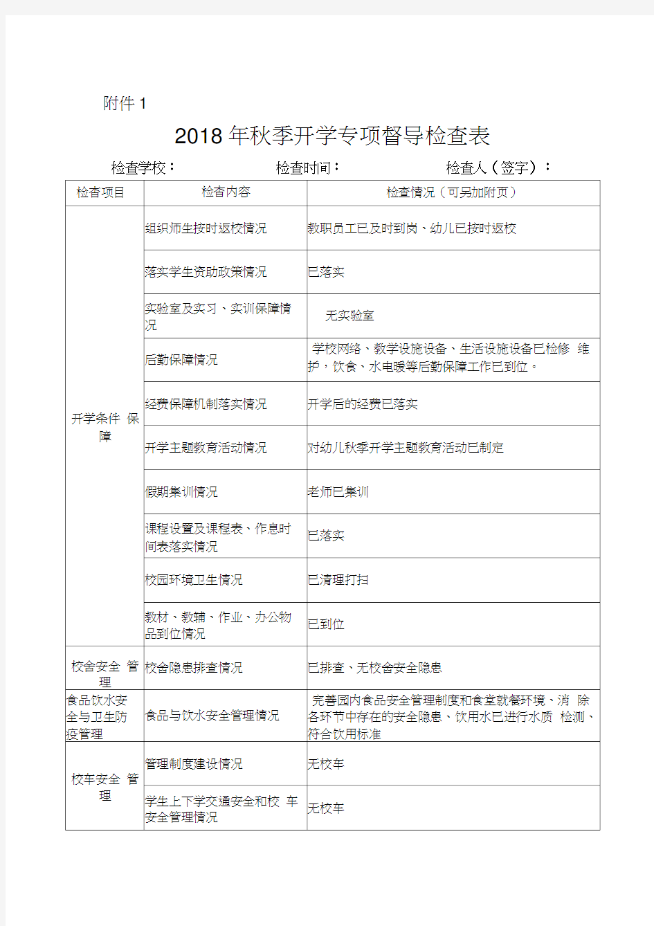 秋季开学专项督导检查表