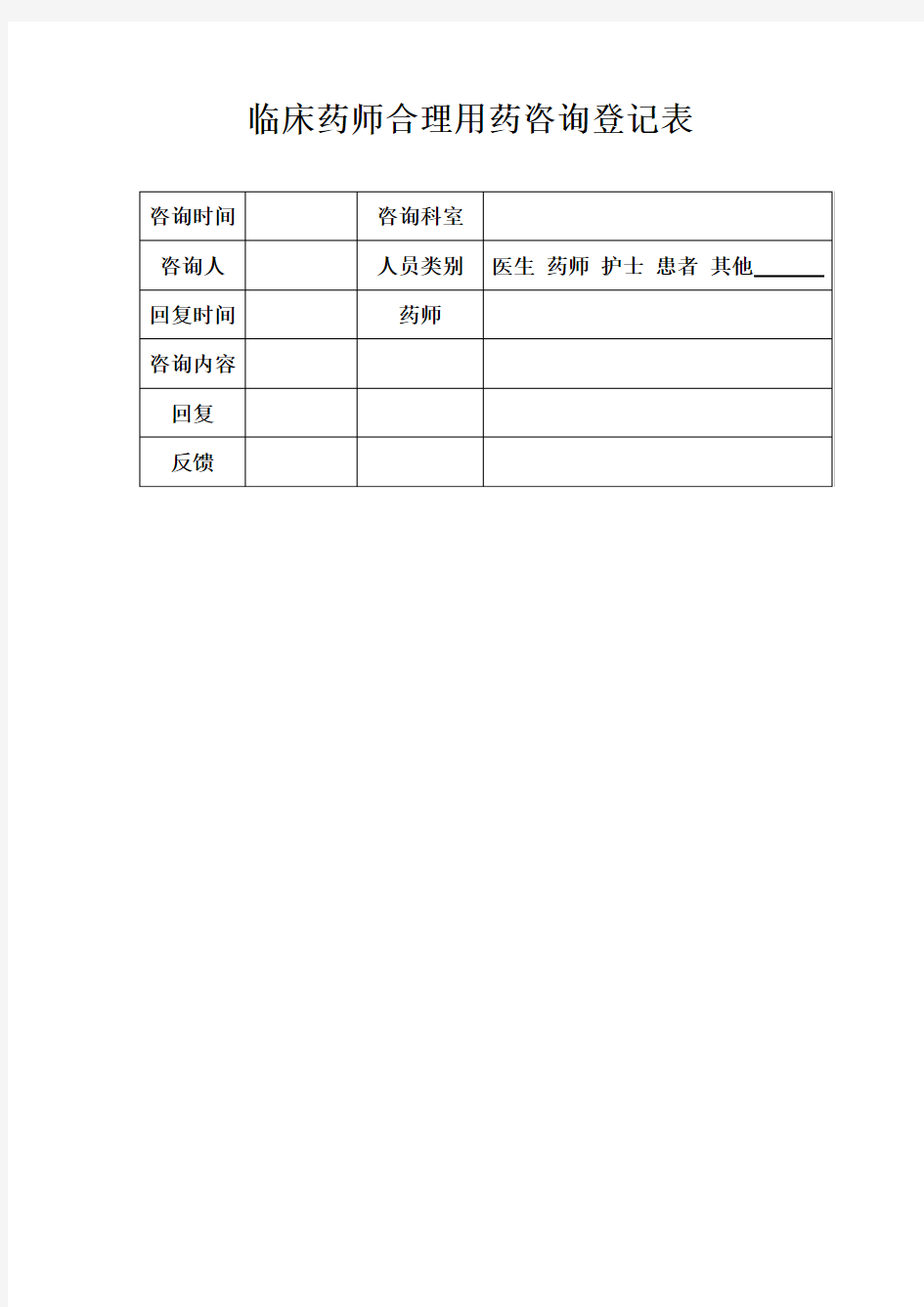 临床药师合理用药咨询登记表