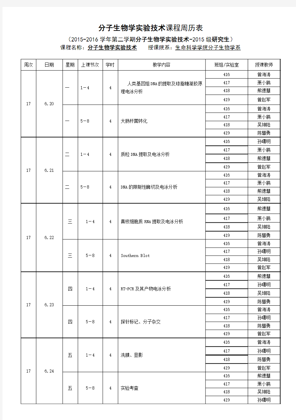 中南大学湘雅医学院分子生物学试验技术课程周历表-中南大学研究生院