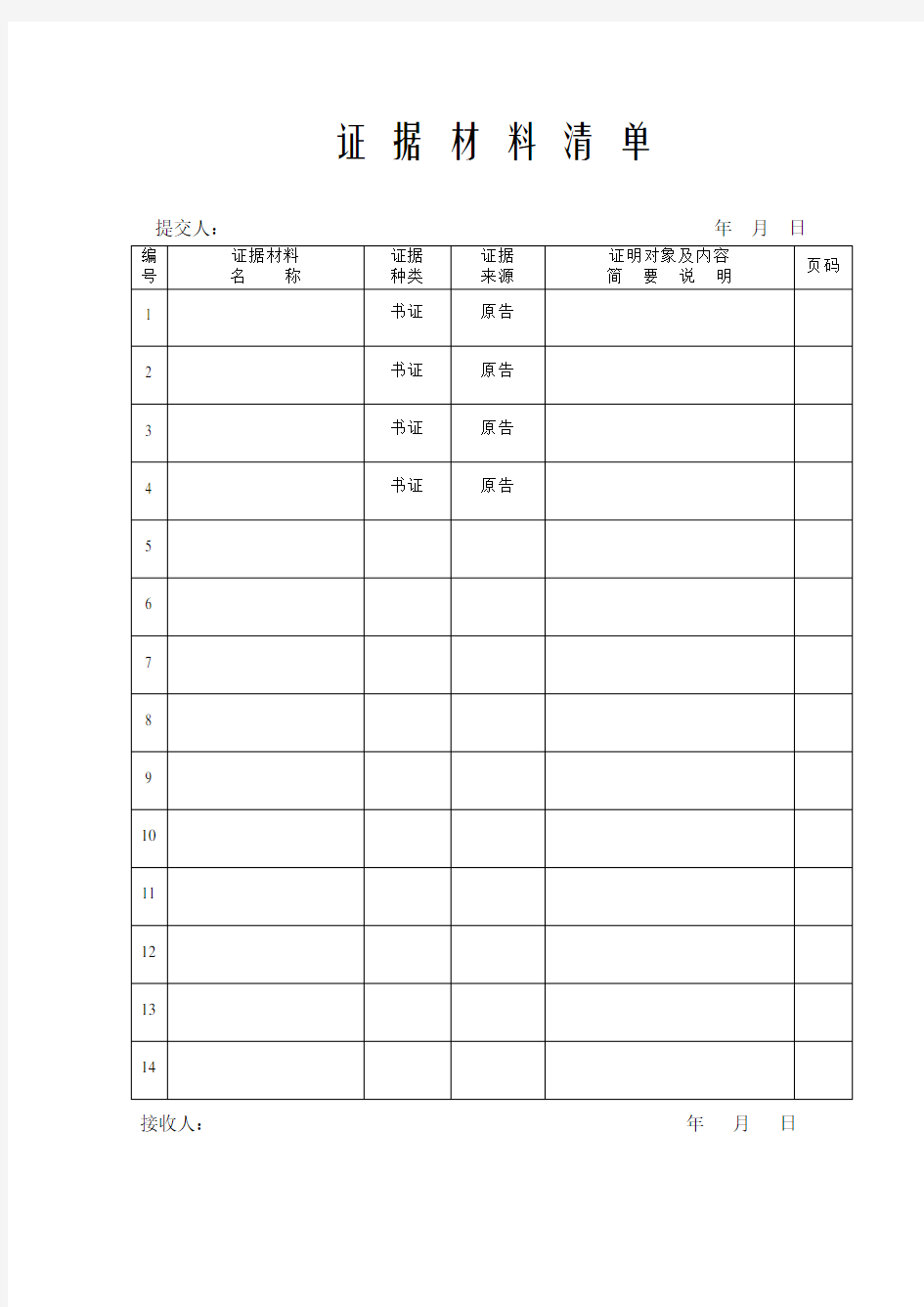 证据材料清单范本