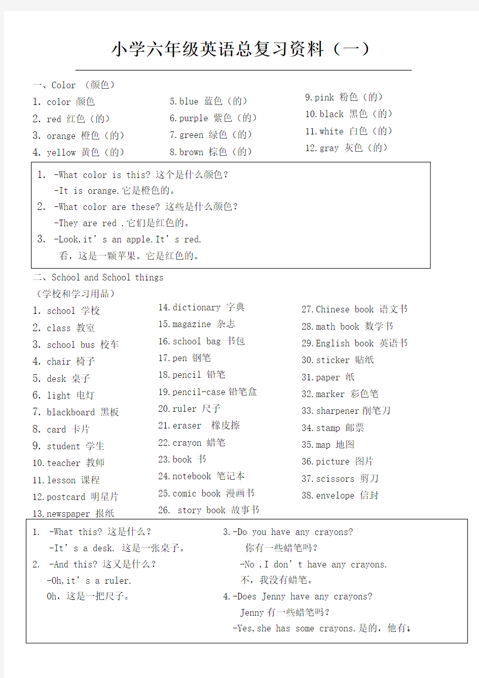 小学六年级英语总复习资料(开心英语版)