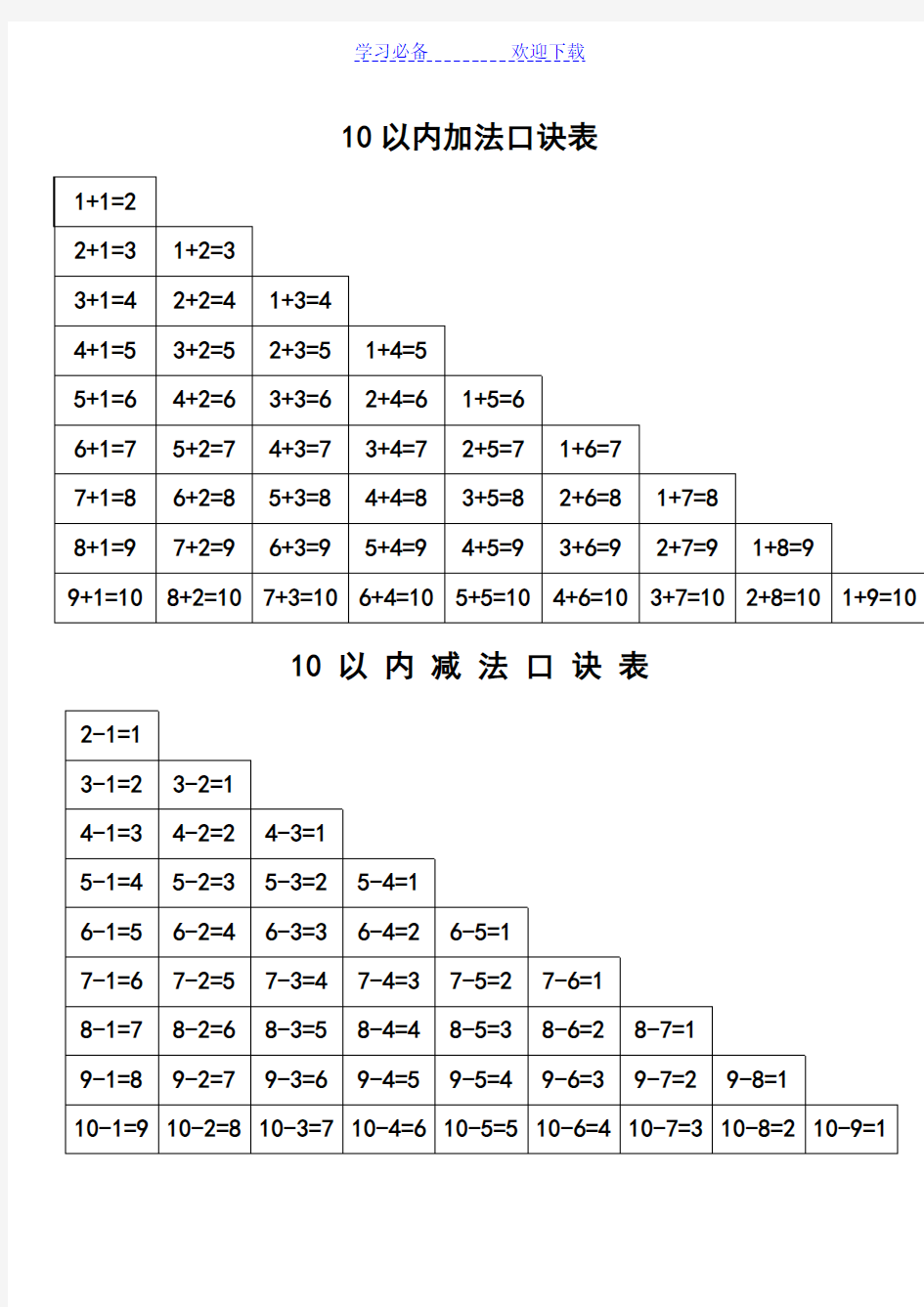 1020以内加减法口诀