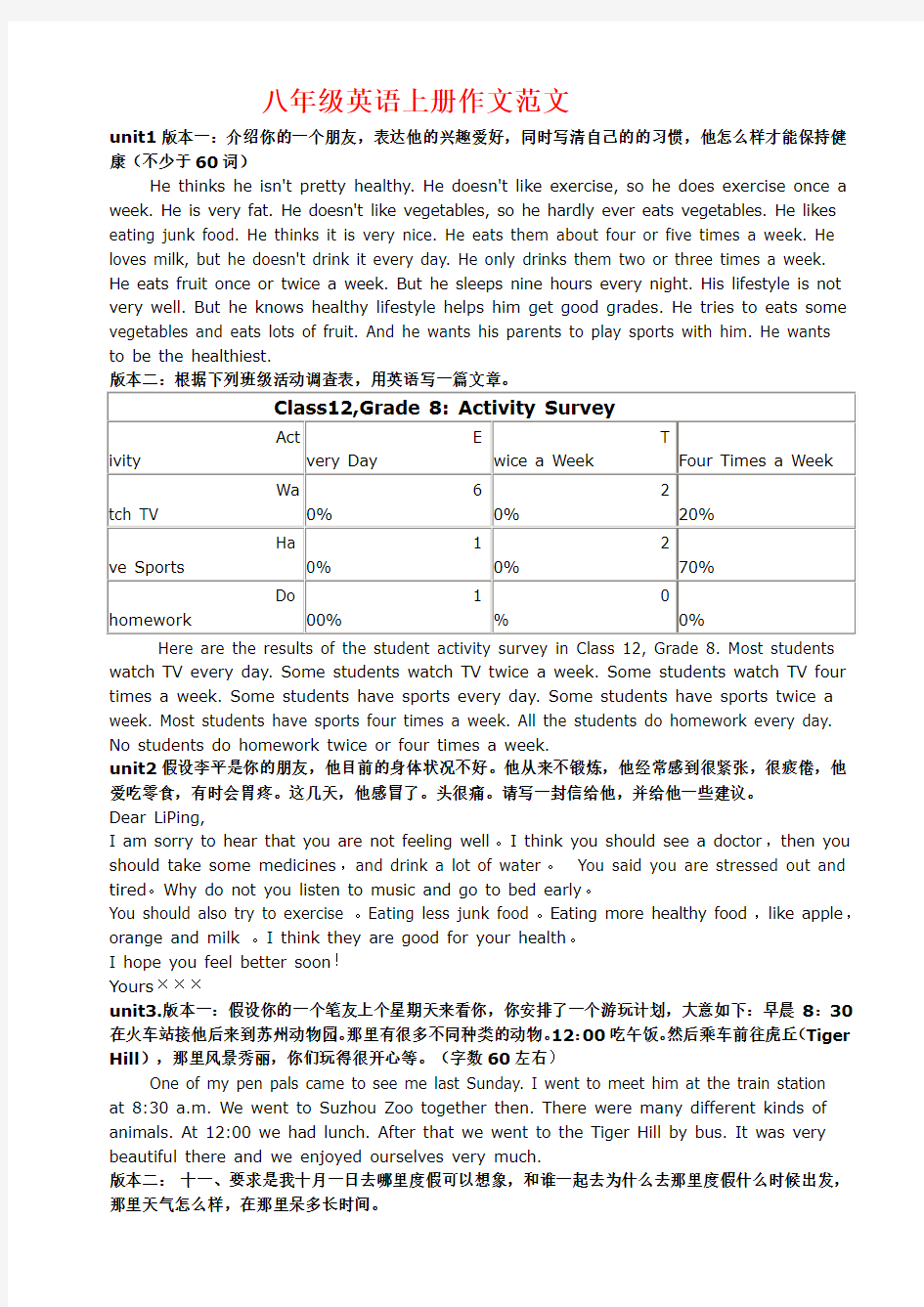 人教版八年级上英语作文(上下册)范文