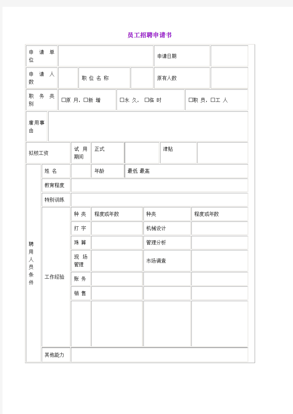 员工招聘申请书表格.格式