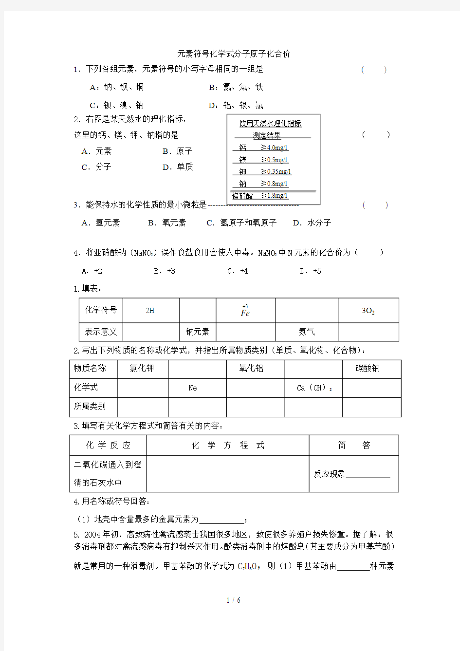 初中中元素符号化学式