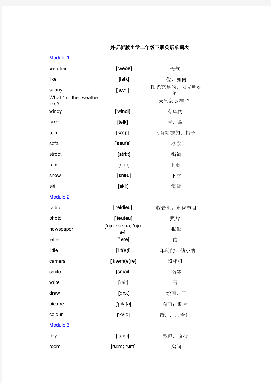 外研新版小学二年级下册英语单词表(含音标-打印版)