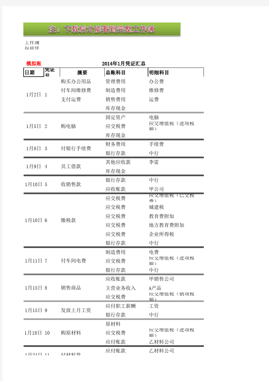 小企业手工帐各种常用财务报表excel带公式自动生成