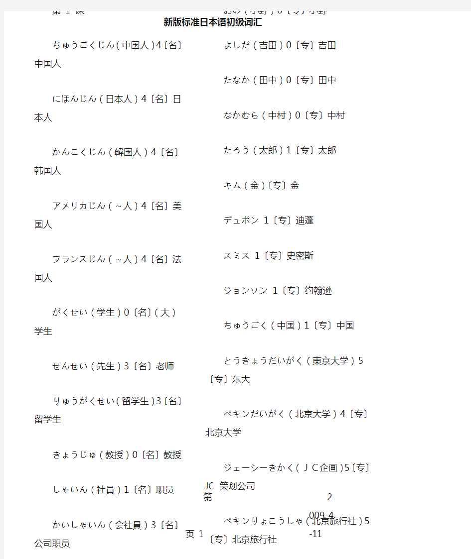新版标准日本语初级词汇[带声调]