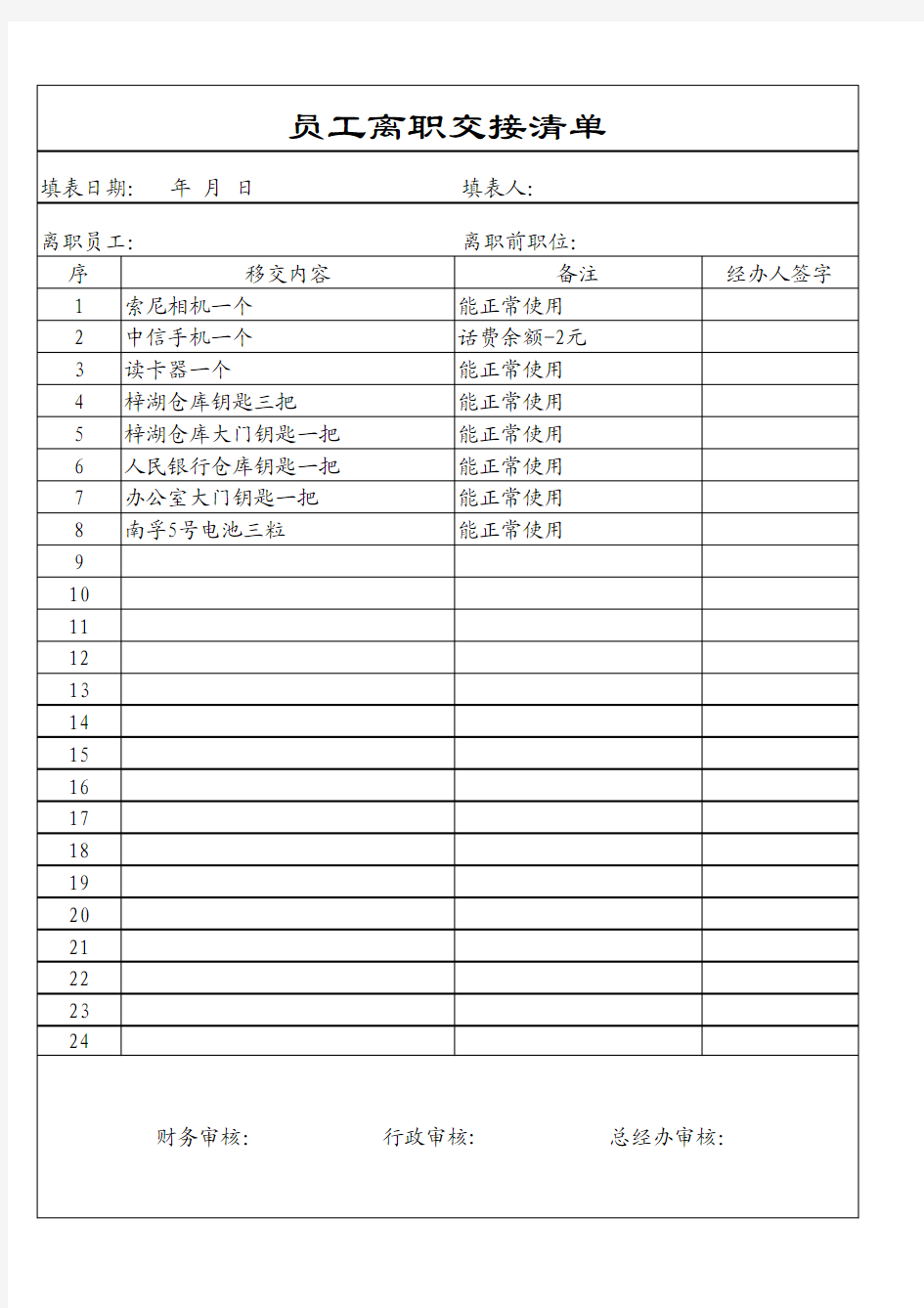 离职员工物品交接清单