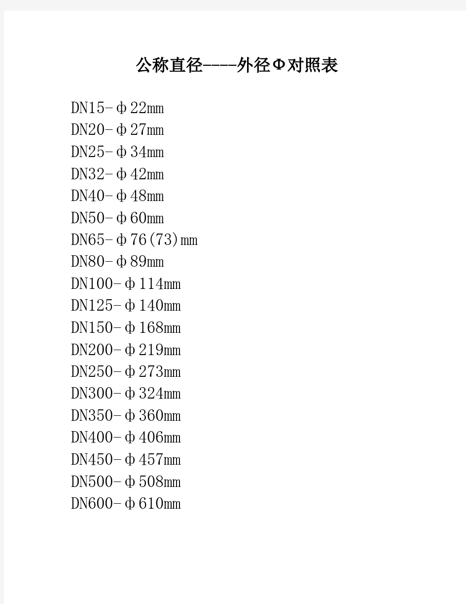 公称直径-外径Ф对照表