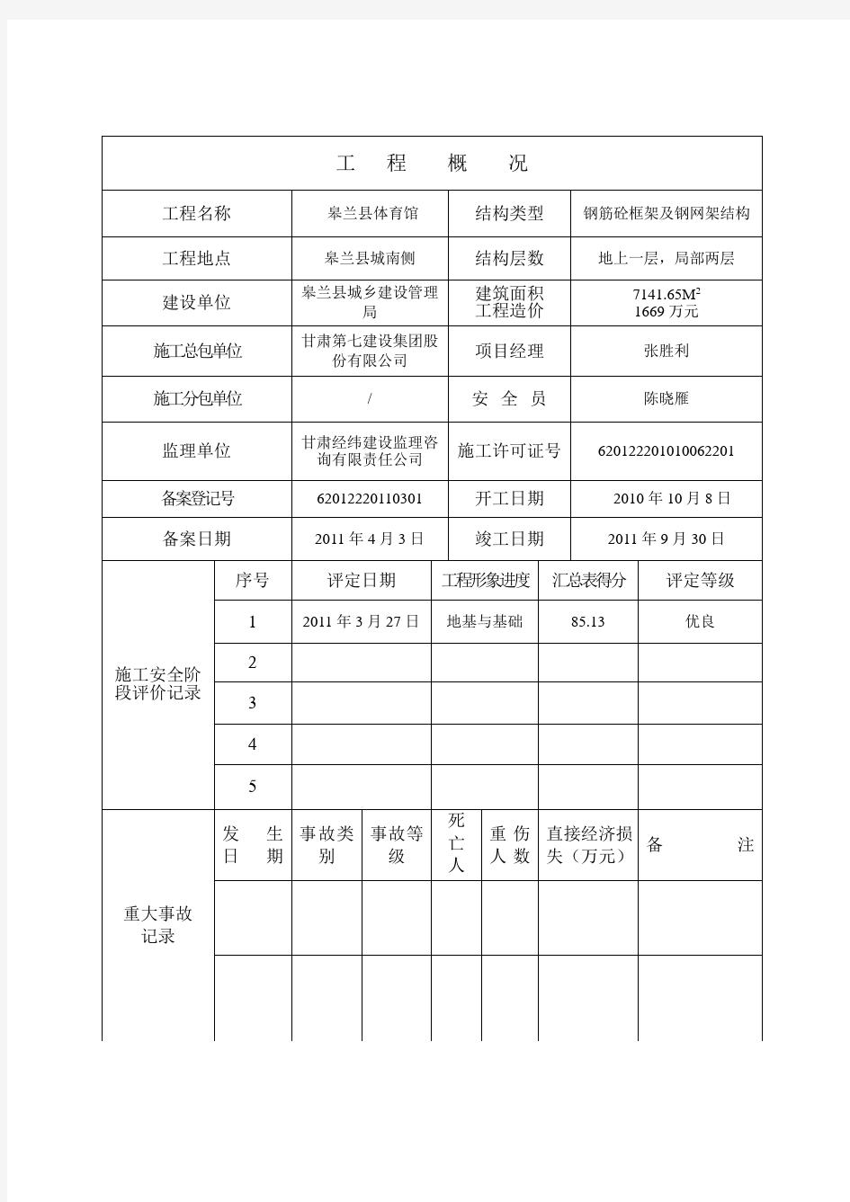 甘肃省建筑工程施工安全阶段评价表