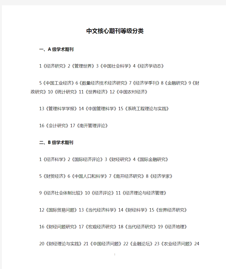 商学院中文核心期刊等级分类