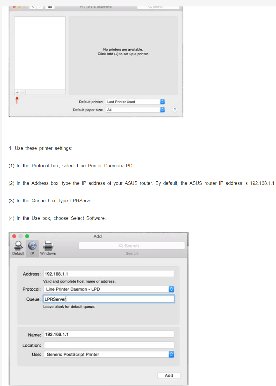 华硕路由器远程打印机(LPD)设置-MAC OS X