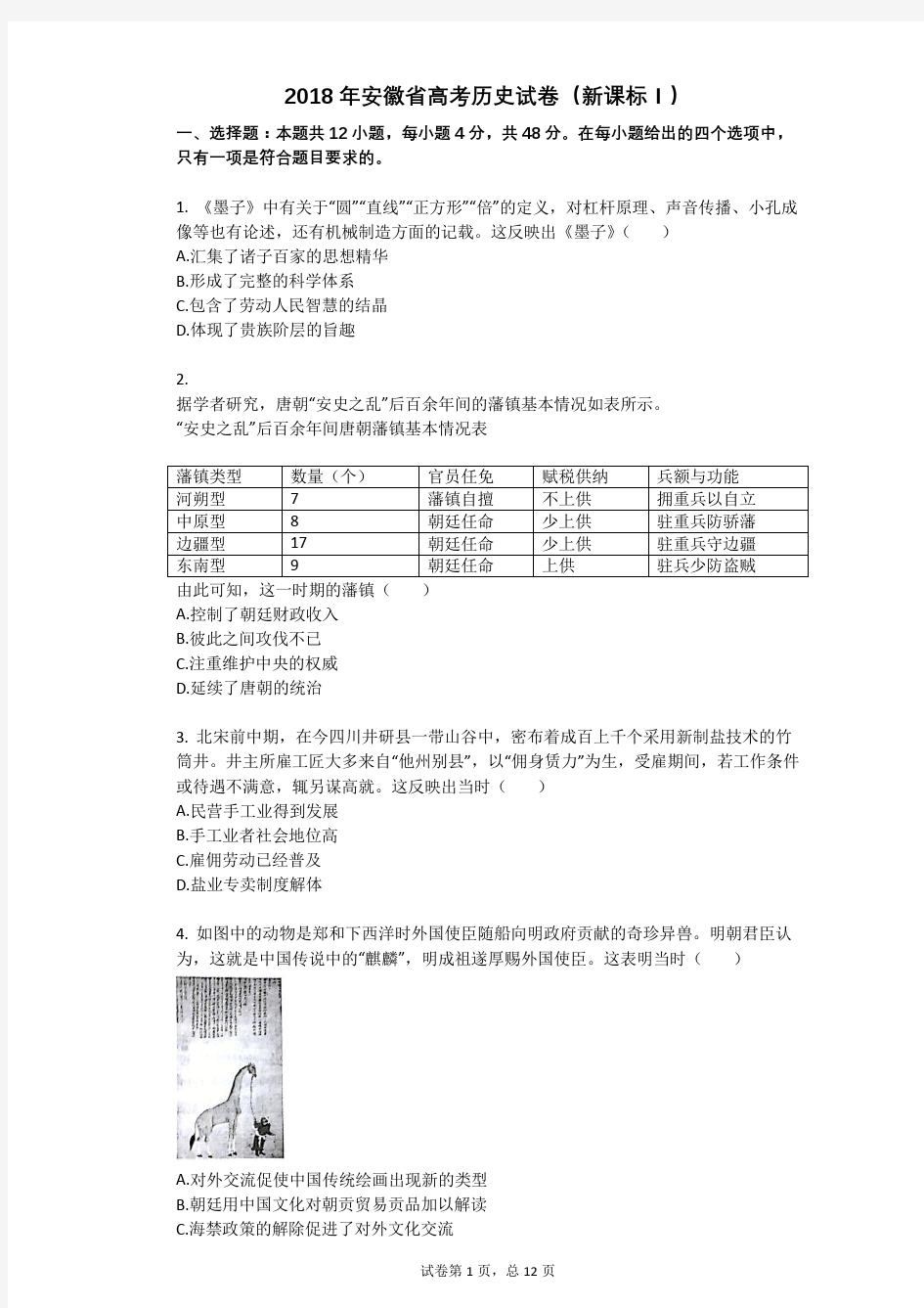 2018年安徽省高考历史试卷(新课标Ⅰ)