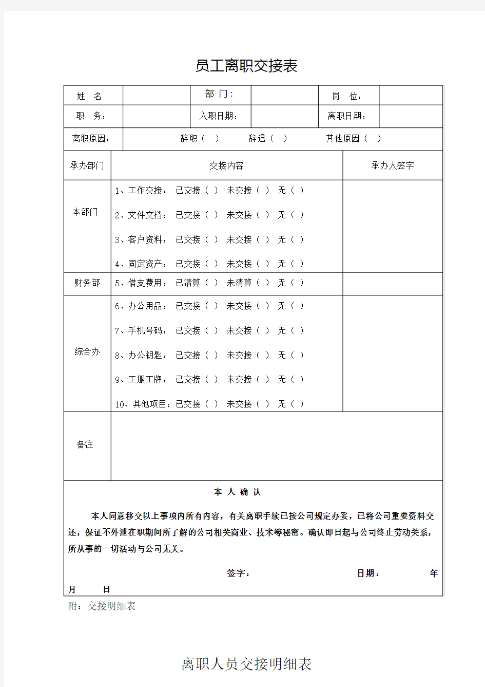 员工离职交接表及明细表