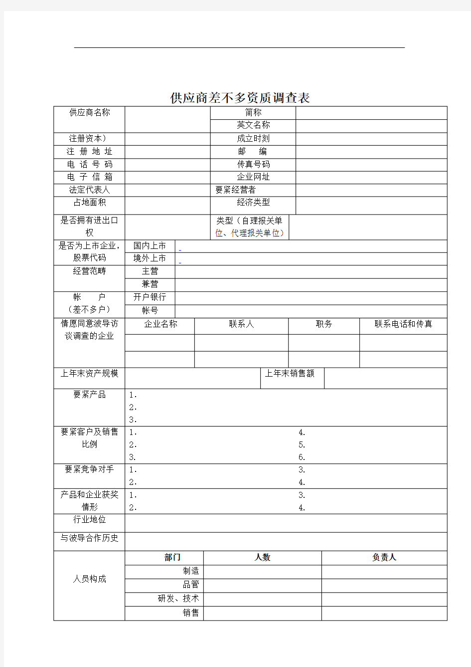 供应商基本资质调查表生产商专用