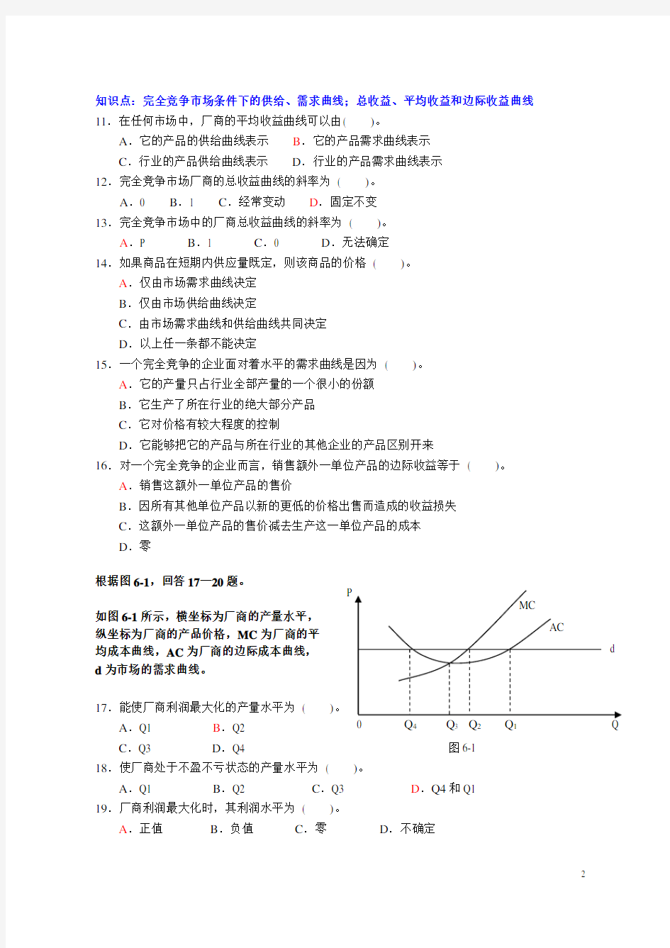 微观经济学 --- 第六章{完全竞争理论}  习题 (上海商学院)