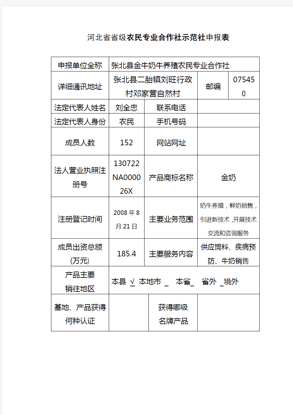 河北省省级农民专业合作社示范社申报表