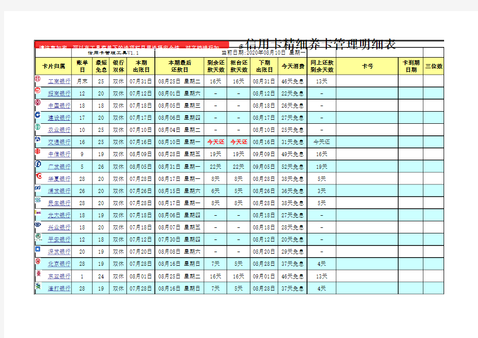 信用卡养卡管理函数表格(每月账单、可有额度、总额自动计算)