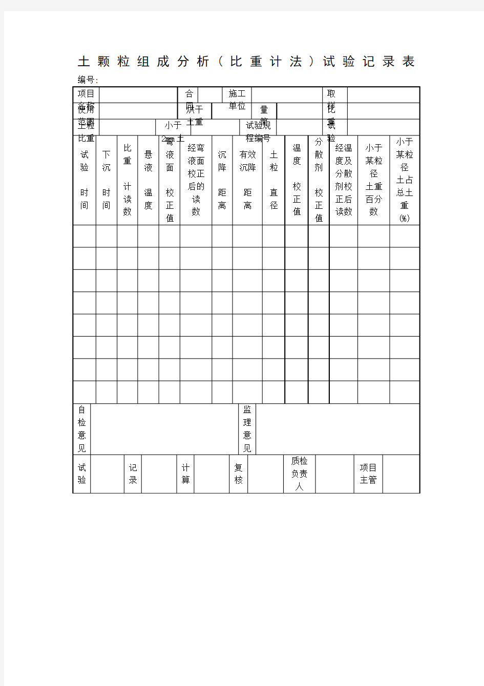 土颗粒组成分析(比重计法)试验记录表