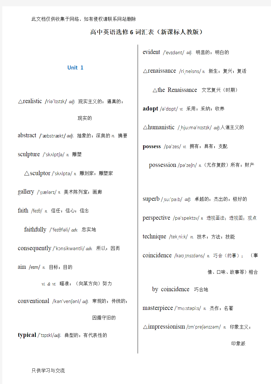 人教版高中英语选修6单词表带音标演示教学