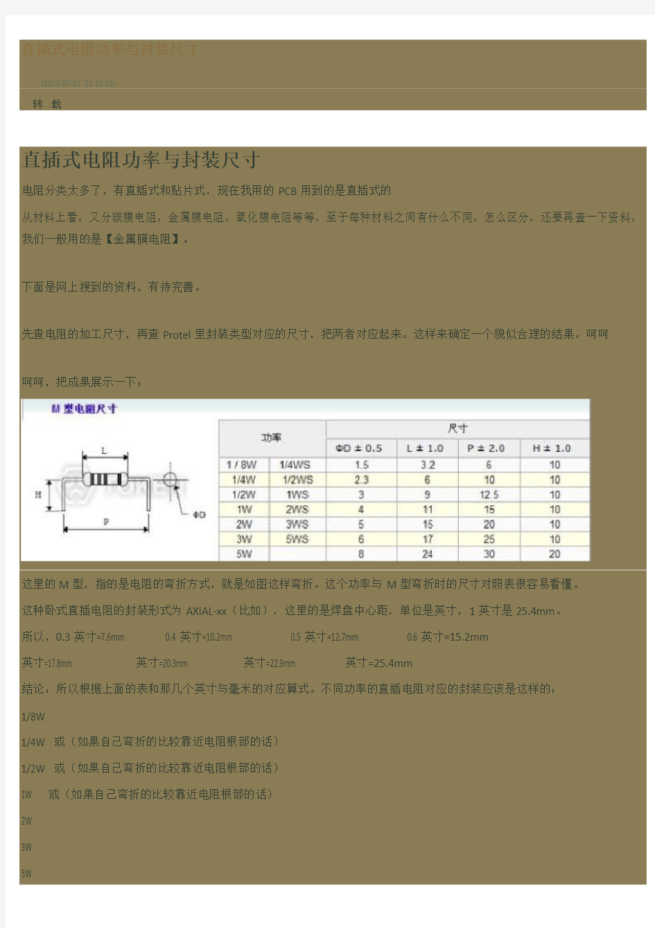 直插式电阻功率与封装尺寸