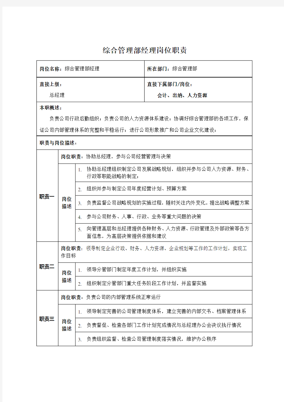 综合管理部经理岗位职责