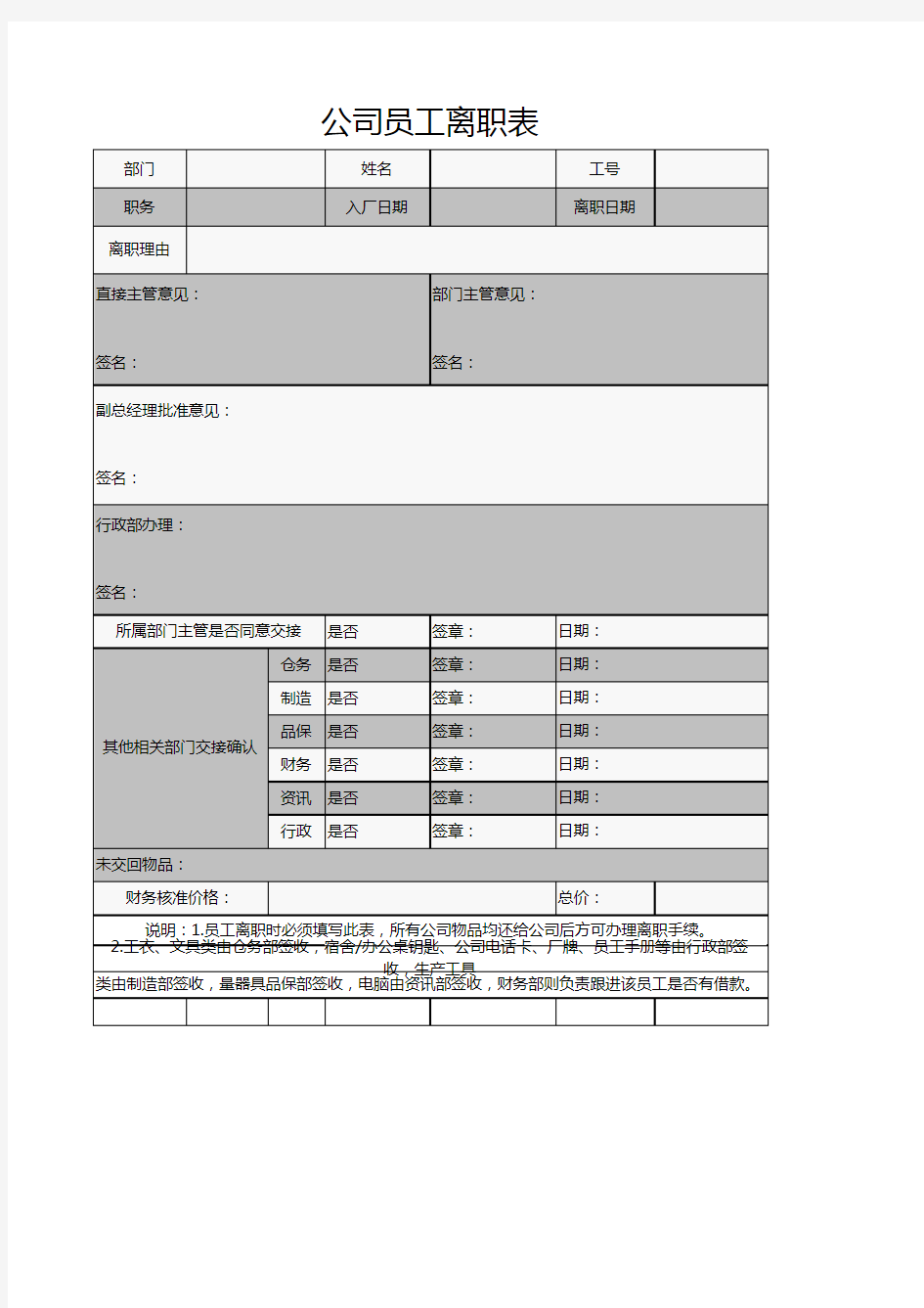 公司员工离职表格