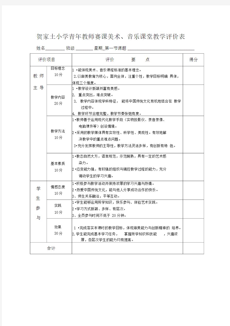 美术、音乐课堂教学评价表1